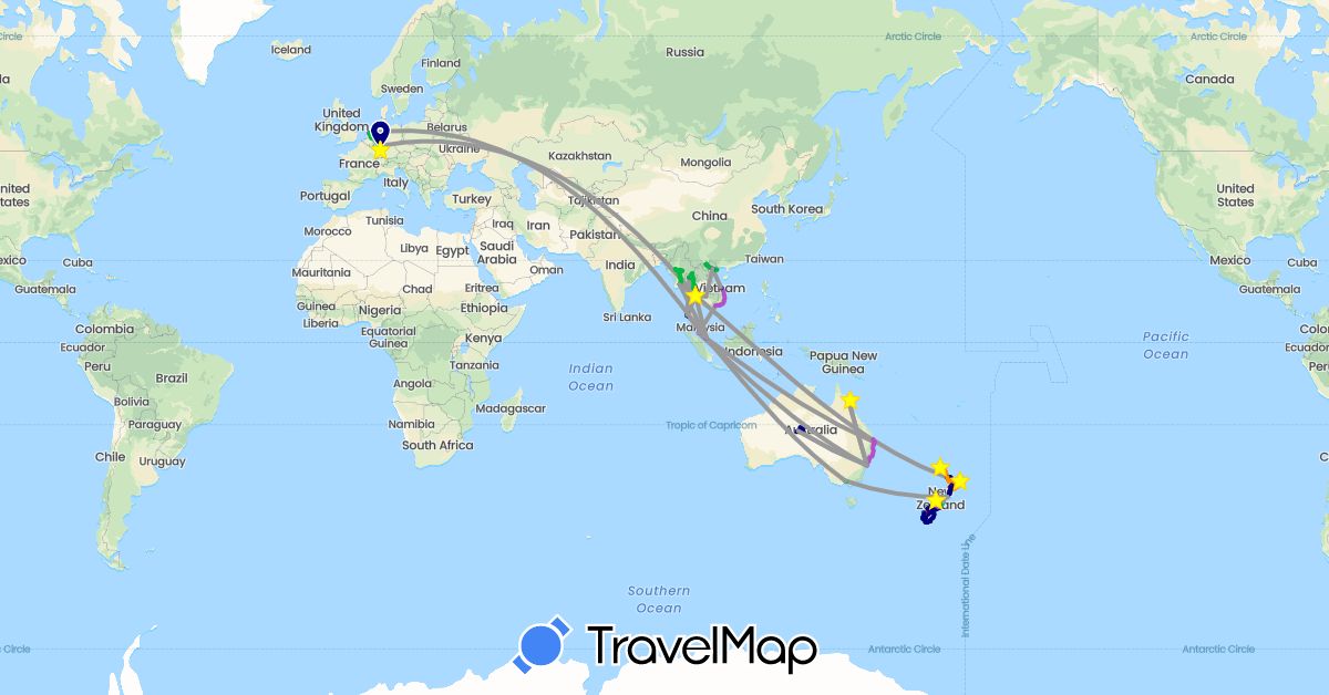 TravelMap itinerary: driving, bus, plane, train, hiking, boat, hitchhiking, motorbike in Australia, Germany, Cambodia, Myanmar (Burma), Malaysia, Netherlands, New Zealand, Singapore, Thailand, Vietnam (Asia, Europe, Oceania)